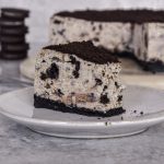 slice of cookies and cream cheesecake showing texture