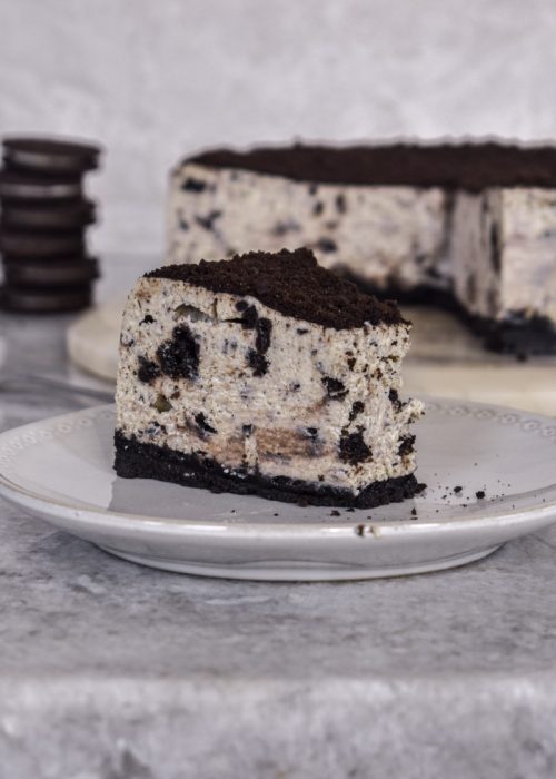 slice of cookies and cream cheesecake showing texture