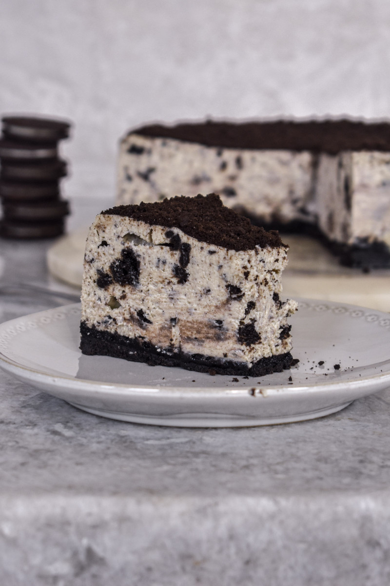 slice of cookies and cream cheesecake showing texture