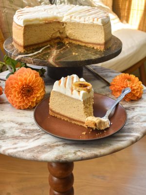 Slice of Banoffee Cheesecake with caramel drizzle